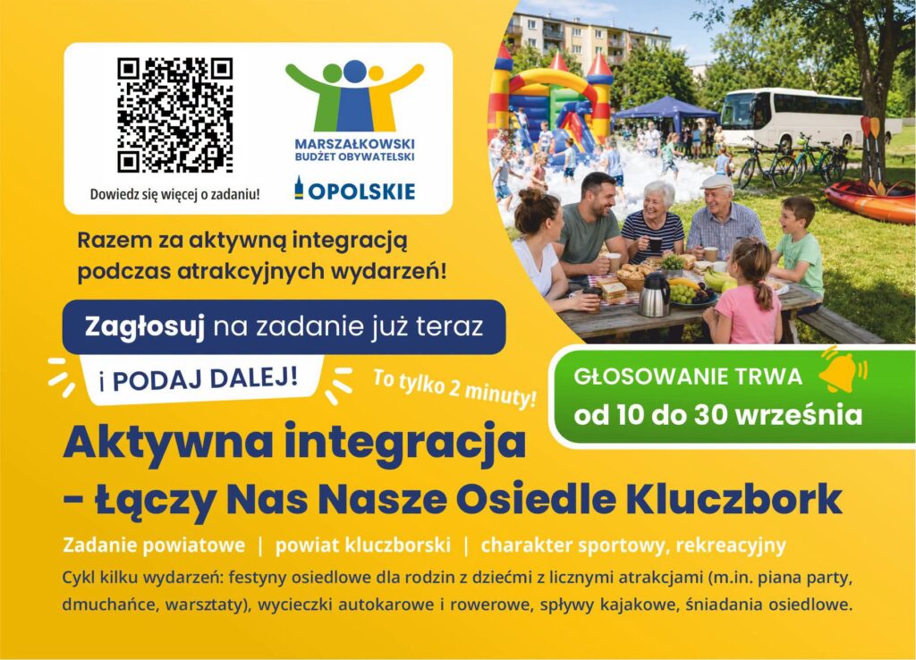 Plakat projektu Aktywna integracja – Łączy Nas Nasze Osiedle Kluczbork, głosowanie 10–30 września 2026