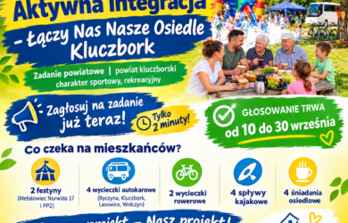 Plakat promocyjny projektu Aktywna integracja – Łączy Nas Nasze Osiedle Kluczbork Podpis: